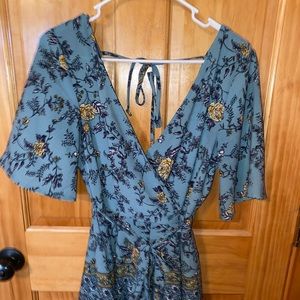 V-Neck Open Back Blue Rain Romper